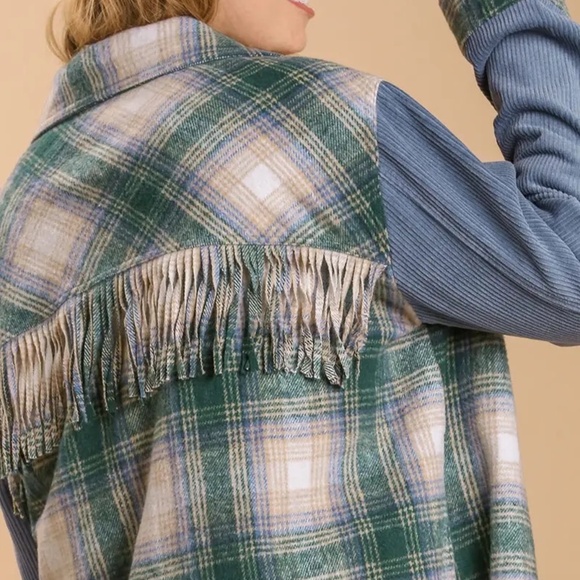 New UMGEE Plaid Flannel Fringe Shacket Magenta Green Snap Up Corduroy Sleeves - Picture 6 of 10
